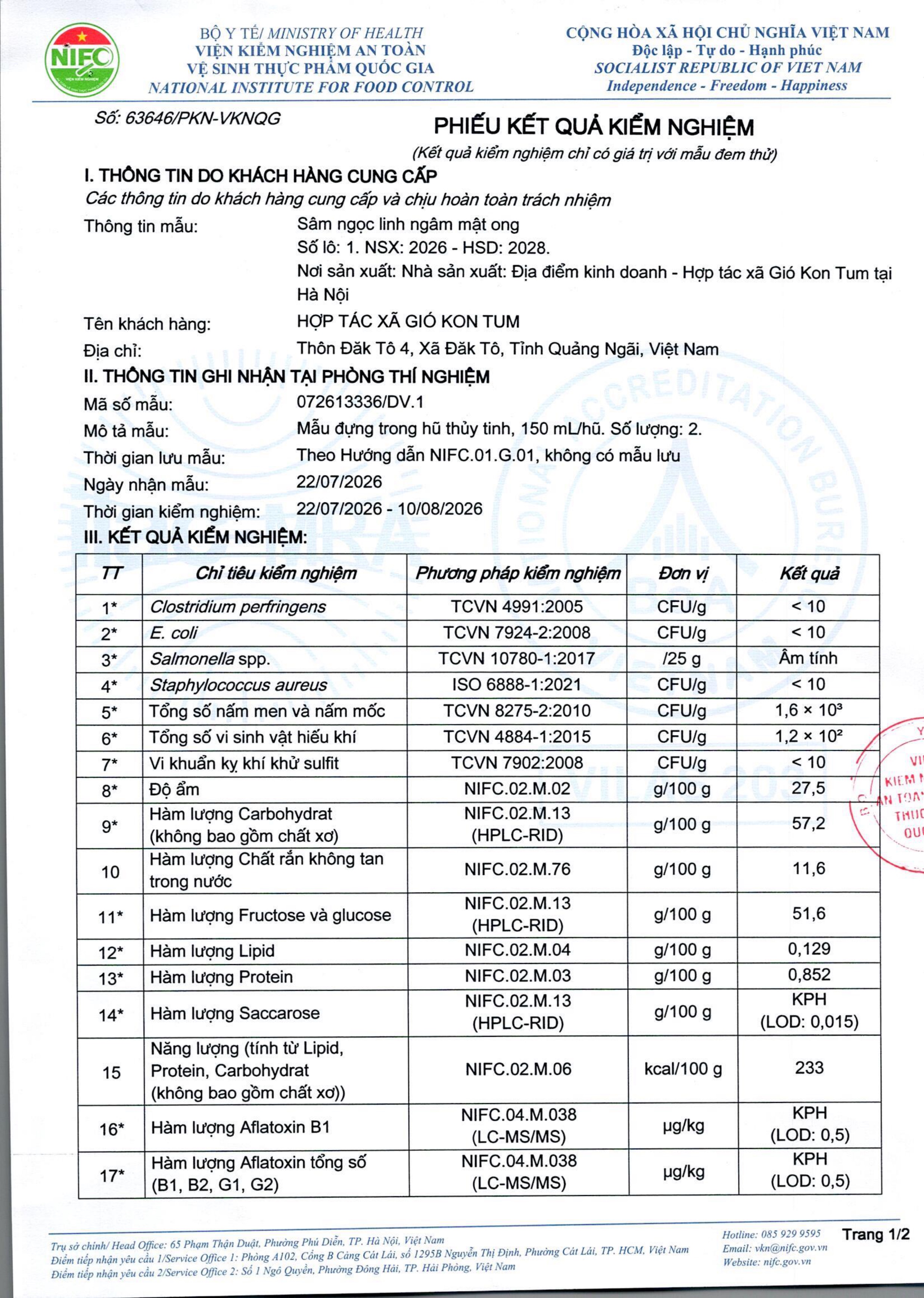 Phiếu Kết Quả Kiểm Nghiệm NIFC - Trang 1